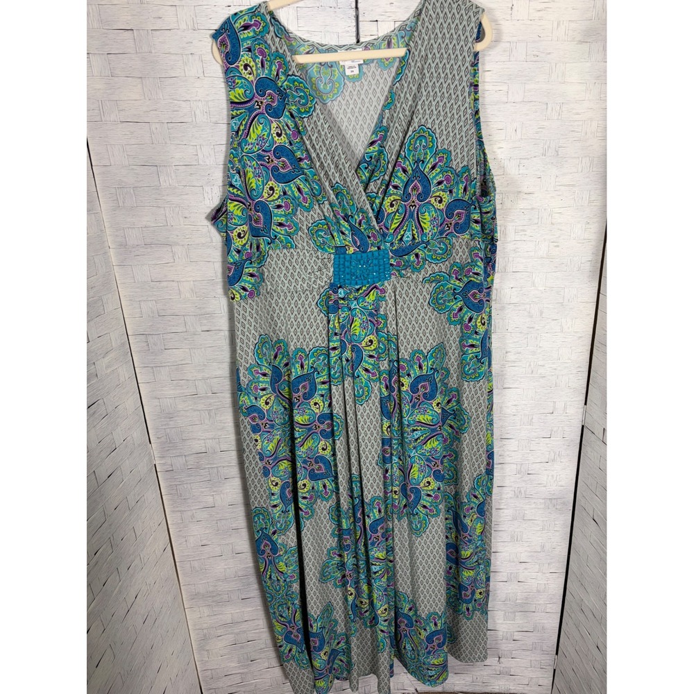 Jaclyn Smith Woman Dress Maxi Blue Paisley Empire Waist Beaded travel Plus Size